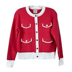 Sioni Cardigan Contrast Trim Red Button Front Pockets